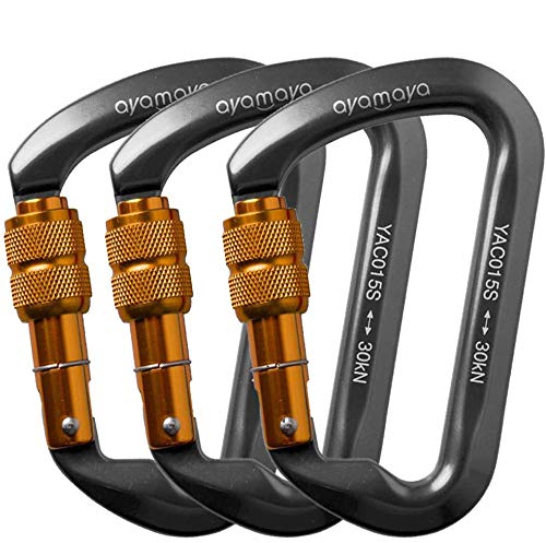 Ayamaya Climbing Carabiners - 3 Pack Screwgate Locking Carabiner 30KN (6744 lbs) Heavy Duty Gears for Rock Climbing, Rappelling, Swing Rescue & Gym, Large D-Shaped Carabiners - color: Grey