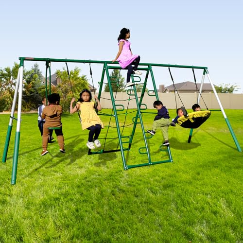 Sportspower Swing Climb and Glide Metal Swing Set 6 in 1: Heavy-Duty A-Frame, Belt Swing, Glider, Saucer, Climbing & Net Ladders (Green)