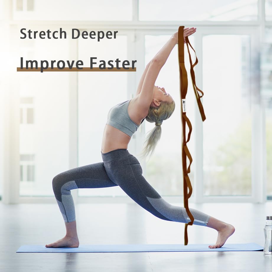 Stretching Strap Yoga Strap with Loops, Stretch Straps for Physical Therapy, Non-Elastic Exercise Strap for Pilates, Dance and Gymnastics with Workout Guide - color: Brown