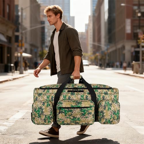 120L 3 Wheel Tactical Rolling Duffle Bag, Heavy Duty Military Deployment Luggage, 900D Waterproof Duffel for Camping Travel Outdoor Sports - color: Camo Green