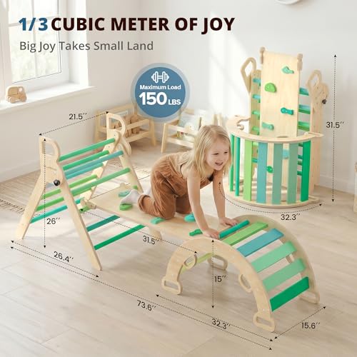 BlueWood Pikler Triangle Set, Toddler Climbing Toys Indoor 7in1 Foldable | Wooden Climber for Kids, Montessori Philosophy Play Jungle Gym with Arch, Ramp, Ladder (Green Summer) - color: Green Summer