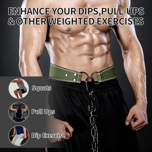Heavy-Duty Leather Weightlifting Dip Belt with Steel Chain—Weightlifting, Squats, Deadlifts, Weighted pull-ups, Push-ups and Progressive Resistance Training - color: Military Green