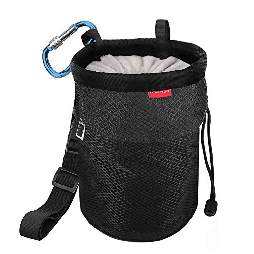Rhino Valley Climbing Chalk Bag, No Leak Drawstring Chalk Bag with Adjustable Belt, Carabiner Clip and Zippered Pockets Chalk Bag for Rock Climbing, Cross Fit, Weight Lifting & More - color: Black