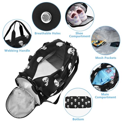 Kids Sports Duffel Bag for Boys & Girls - Cute Halloween Skull 100% Polyester Gym Bag with Separate Shoe Compartment, Adjustable Shoulder Strap, Compact Travel & Workout Gear Bag - color: Cute Halloween Skull