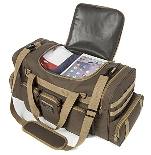 Tactical Range Duffel Heavy Duty Military Molle Gear Travel Sports Gym Bag Lockable Zippers with US Flag Patch (27 In Khaki) - size: 27 In Khaki