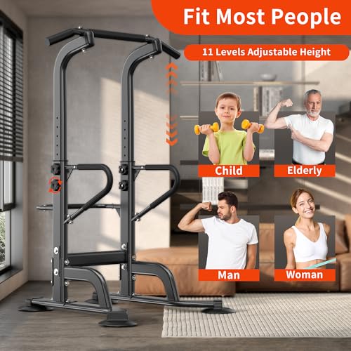 SogesHome 11-Levels Height Adjustable Power Tower Pull Up Bar & Dip Station | Multi-Function Full Body Strength Training Equipment for Home Gym, Freestanding Exercise Dip Bar Fitness Workout Machine