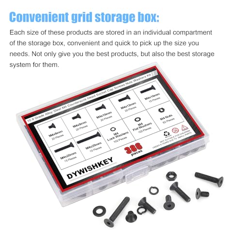 DYWISHKEY 386 Pieces M4 Black Screws, 10.9 Grade Alloy Steel M4x 6/8 /10/12 /16/20 /25mm Countersunk Head Socket Cap Screws Bolts Nuts Washers Assortment Kit - size: M4, style: Countersunk Head Socket Cap
