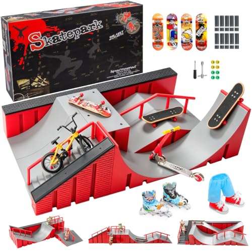 Fingerboard Skate Park Ramp Kit, Finger Skateboards Toys with Skates Sports Shorts Tool Kit, Mini Fingerskateboards Training Props Interactive Freestyle Skate Game for Kids Adults