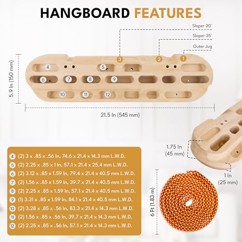 Climbing Hangboard and Finger Hanging Holds - Fingerboard for Strength Training - Rock Climbing Grip Strengthening Holds - Hang Board and Hand Holds with Suspension Chord Ropes and Chalk