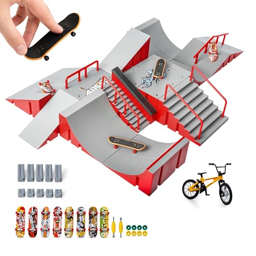Finger Skateboard Park Kit for Kids, 14-in-1 Mini Skatepark Ramp Set with Half Pipe, 8 Finger Skateboards & Finger Bike, Ramp Accessories Toy Gifts for Boys Girls Ages 3+ - color: 14in1-red