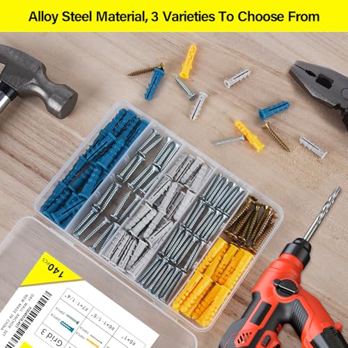 140PCS Drywall Anchors and Screws Kit, 3 Sizes Plastic Wall Anchors | Plastic wall anchors with Phillips screws, 140PCS 3-size kit for drywall, sheetrock and home installation projects. - style: 140 Pcs