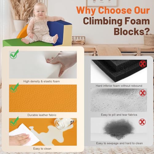 TODIBY 4-Piece Soft PU Leather Toddlers Climbing Toys, Foam Climbing Blocks for Toddlers, Baby Play Set Foam Climb Structures for Toddler 3+, Indoor Crawl Activity Play Gym - style: Classic