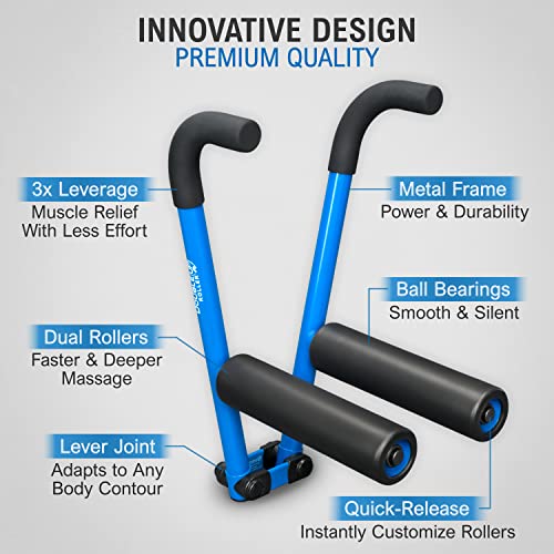 DoubleUP Roller D2 Leg & Arm Massager, Metal Frame + 2 Rollers, Blue | 3X Lever-Action Pressure Control. 2 Quick-Change Rollers. For IT Bands, Calves, Quads, Hamstrings, Thighs, Arms. - color: Blue