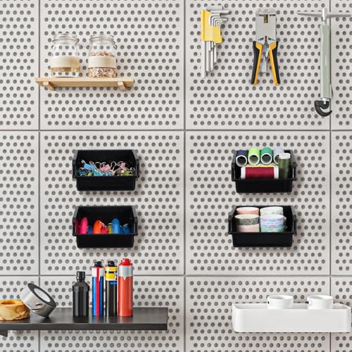 16 Pcs Black Pegboard Bins with Metal Hooks, Heavy Duty Plastic Storage Organizer, Pegboard Tools Organizer for Garage, Workshop, Craft Room, Hardware Tools