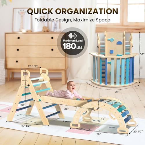 BlueWood Pikler Triangle Set with Safe Handle, Climbing Toys for 1-3 Year | Foldable 7-in-1 Montessori Toddler Climbing Toys Indoor, Wooden Pickler Climbing Set, Baby Jungle Gym & Playground, Sky Blue - color: Sky Blue