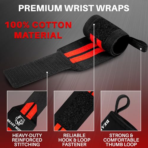 TECEUM Elastic Cotton Weightlifting Wrist Wraps with Thumb Loops, 1 Pair - color: Black and Red, style: 18" – Beast Mode