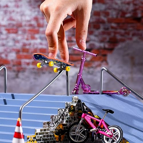 Skylety 31 Pieces Mini Finger Toys Set for Boy Girl Includes 6 Finger Skateboards, 4 Bikes, 2 Mini Scooters 4 Swing Board 8 Matched Wheels 7 Tool Accessories Educational Toy Party Favor(Fun) - style: Fun