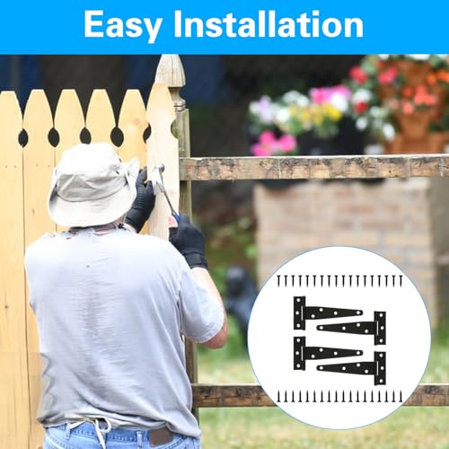 4 Pcs 6 Inch T Strap Hinges Heavy Duty, Shed Door Gate Hinges | 6 inch gate hinge black Heavy Duty Black Outdoor Tee Hinge for Wooden Fences,Barn Door Gates Hinge for Shed Door Hardware - size: 6 Inch