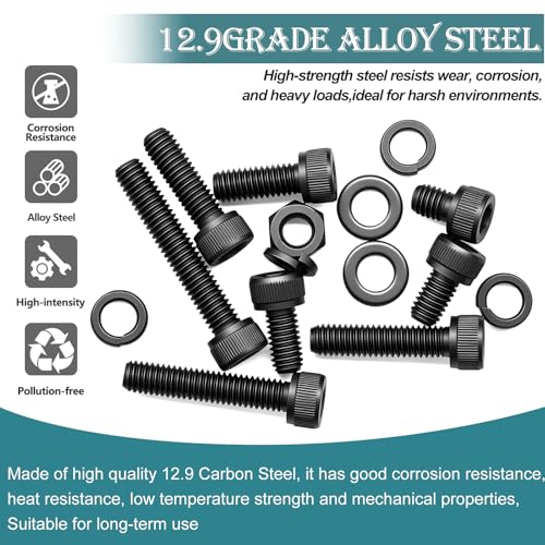 mxuteuk 204PCS M6 Screws,M6x8/10/12/16/20/25/30/35mm Hex Socket Head Cap Bolts with Nuts & Washers,12.9 Grade Alloy Steel Black Zinc Screws Assortment Kit for 3D Printing,DIY - size: 204PCS M6, style: Hex Socket Head