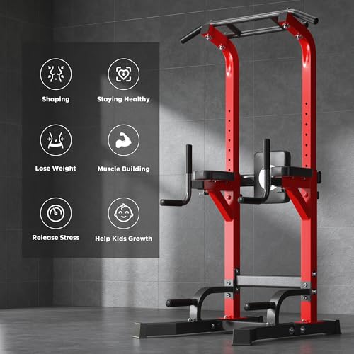 DlandHome Power Tower Pull Up Bar Station, 10 Level Adjustable Height | Heavy Duty Pull Up Dip Station for Home Gym Strength Training Equipment, Comfortable Backrest, 330LBS Weight Capacity - color: Red