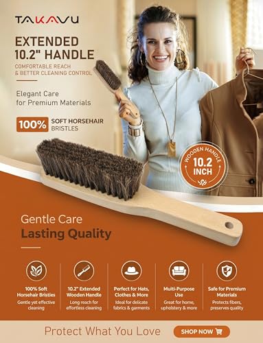 TAKAVU 10.2in Horsehair Hat & Shoe Brush, Long Handle Felt Cleaner | Soft Bristle Dusting Wardrobe Brush for Lint, Pet Hair, Suits, Coats, Upholstery & Garments, Wooden Extended Grip