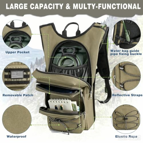 Hydration Backpack, Tactical Molle Water with 3L TPU Water Bladder | Lightweight Military Hydration Daypack for Hiking, Running, Cycling, Climbing, Biking, 105 oz, Breathable Back Panel - color: Khaki