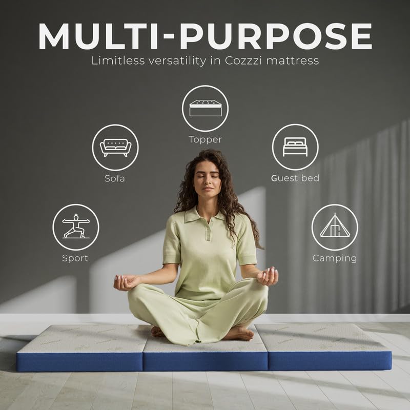 Cozzzi Trifold Foldable Mattress for Floor and Traveling with Removable Cover - Lightweight and Portable Foldable Mattress for Adults & Kids - Compact and Easy to Storage (75in x 25in x 4in) - size: Single (75in x 25in x 4in), style: Navy