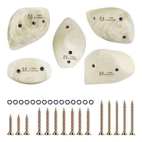 TWO STONES Wooden Rock Climbing Holds for Adults | Wood Rock Wall Climbing Holds for Gyms | Variety Screw On Climbing Hand Holds Set with Mounting Hardware