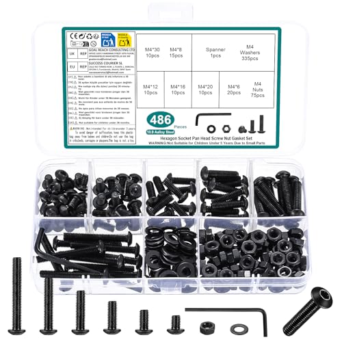 486 Pcs M4 Screws Assortment Kit, Metric Nuts and Bolts Assortment Kit, Hex Socket Button Head Cap Screw Bolts and Nuts Kits, Hex Socket Screw Set, Machine Screws Set, with Spanner(Black) - size: M4
