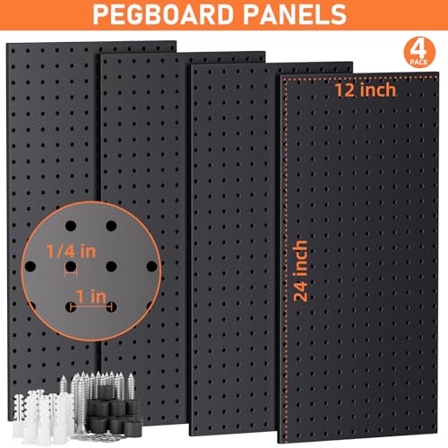 INCLY 48x24 Inch Metal Peg Board Kit 1/4" Pegboard Hooks Accessories | 4PCS Peg Board Panels, 156PCS Pegboard Accessories, Black Pegboard Wall Organizer, Tool Storage System for Garage Workbench - size: 48x24 Inch