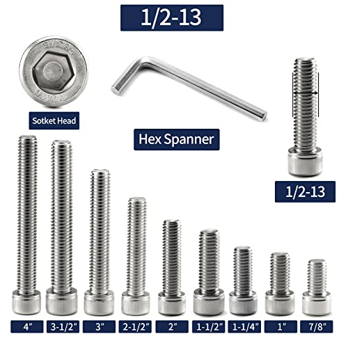 1/2-13 x 3 Socket Head Cap Screws Bolts, 20Pcs 304 Stainless Steel 18-8, Allen Socket Hex Drive, Full Thread, Bright Finish by SG TZH(with Hex Spanner) - size: 1/2-13 x 3"