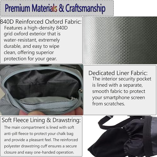 Rock Climbing Chalk Bag & Bouldering Bucket, 7.5" Oxford with Zipper Pocket - Lightweight Gym Accessories for Men Women (Black/Charcoal Grey) - color: Grey