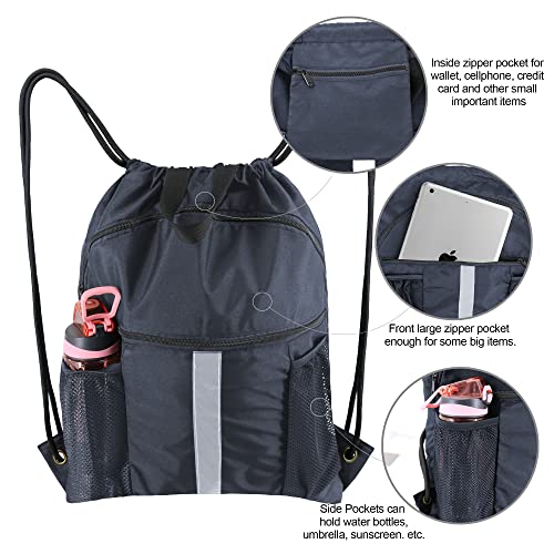 BeeGreen Drawstring Backpack Bag with Shoe Compartment, X-Large Black Gym Sports String Cinch Backpack - color: Navy