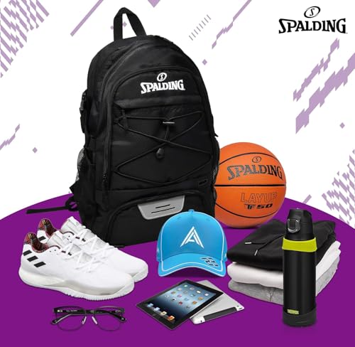 Spalding Basketball Backpack Sports Bag | Large Black Backpack with Shoe and Ball Compartment | Gifts for Basketball Players - color: Black