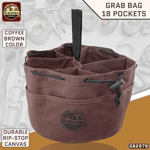 Graintex 18 Pockets Grab Bag Rip-stop Canvas Drawstring Closure, Small Part Organizer Pouch, Small Tools, Screws, Parts, Parachute Tool Bag for Efficient Storage - Coffee Brown - color: Coffee Brown