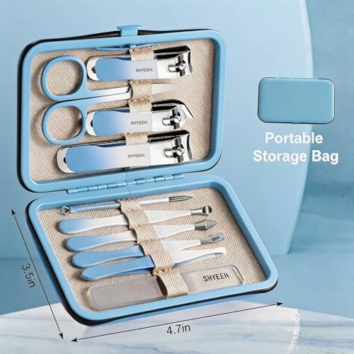 Manicure Set, 10 pcs High-Carbon Steel Nail Clippers Set, Portable Mini Manicure and Pedicure Kit, Travel Grooming Nail Kit with Leather Bag for Men and Women - color: Blue