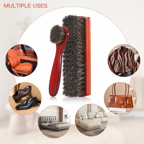Horsehair Shine Shoes Brush Kit, Horse Hair Brush for Leather, Cleaning Leather Shoes Boots Care Brushes with Microfiber Shoe Cloth, Horsehair Brush (L, Count, 5)