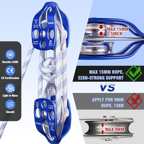 Double Block and Tackle Pulley System with 150Ft x 1/2'' Rope Pulley 7700 LB(35KN) Breaking Strength, 4:1 Lifting Power Sheave Pulley Hoist System for Garage, Attic Heavy Lifting - size: 1/2'' x 150ft