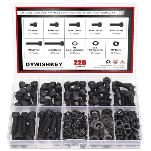 DYWISHKEY 226 Pieces M5 Black Screws, 12.9 Grade Alloy Steel M5x 6/8 /10/12 /16/20 /25mm Hex Socket Head Cap Screws Bolts Nuts Washers Assortment Kit - size: M5, style: Socket Head