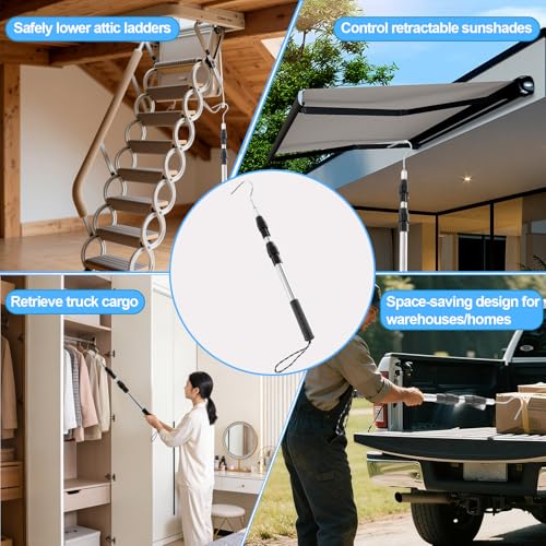 Telescopic Attic Pull Down Hook, 17" to 35" Adjustable Stainless Steel Pull Stick and Stainless Steel Pull Ring, Replacing Old-Fashioned Hanging Ropes on attic Stairs.