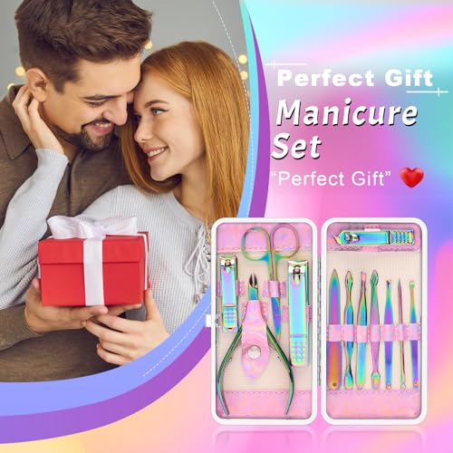 CGBE Nail Clippers Set, Manicure Set Pedicure 12 Pieces Stainless Steel Manicure Kit Professional Grooming Care Tools with Luxurious Travel Case - color: Pink-colorful