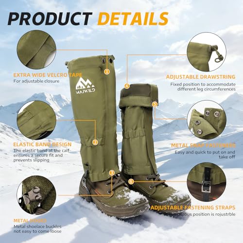 Adjustable Leg Gaiters, Waterproof Snow Boot Gaiters for Men Women with Hiking, Walking, Hunting, Snowshoeing, Climbing