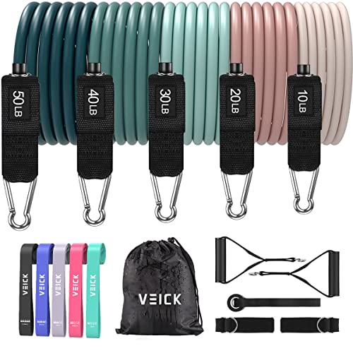 VEICK 10-150LBS Resistance Bands with Handles, Ankle Straps, Door Anchor | Accredited Lab Certified, 100% Natural Latex, Versatile for Yoga, Pilates, Strength, Home Gym - color: Macaron, style: 10-150LBS + 5 Loop Bands