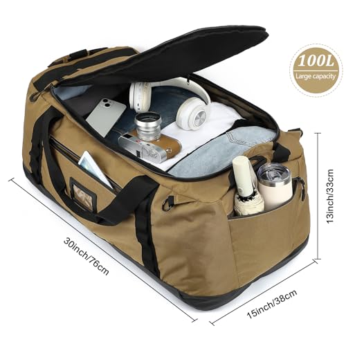 TUGUAN 100L Extra Large Travel Duffle Bag Backpack for Men, 3 in 1 Sports Duffel Bags W/Adjustable Shoulder Strap & Dividers Gym Equipment/Gear Weekend Overnight Bag for Trip Camping Hiking, XL Brown - color: Brown