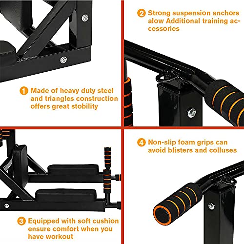 Wall Mounted Pull Up Bar-Heavy Duty Strength Training Fitness Equipment,Multifunctional Power Tower Dip Station Support to 550lbs