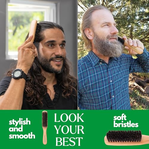 GranNaturals Boar Bristle Slick Back Hair Brush - Large Soft/Medium Smoothing Hairbrush to Style, Polish, & Lay Hair Down Flat to Create a Sleek Frizz Free Hairstyle for Women and Men