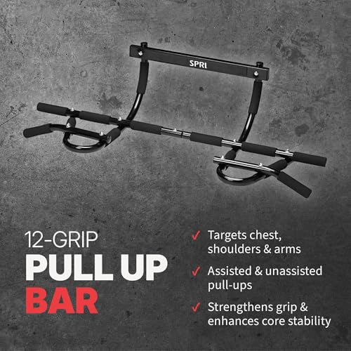SPRI Pull Up Bar - 8-Grip and 12-Grip Door Frame Mounting Pull-Up Bar for Versatile Workouts - Rugged Steel Frame with Foam Handles - Supports 300 Pounds - Fits Door Frames Up to 32 in. Wide – Black - size: 12 Grip