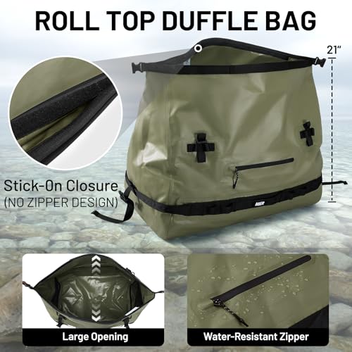 MIER Large Waterproof Duffel Bag - 60L/80L Dry Bag Backpack | Detachable Backpack Straps; Multi-Pockets; Roll-Top with Hook-and-Loop Closure; Motorcycle, Kayaking, Gym, Beach, Boating - color: Army Green, size: 60L