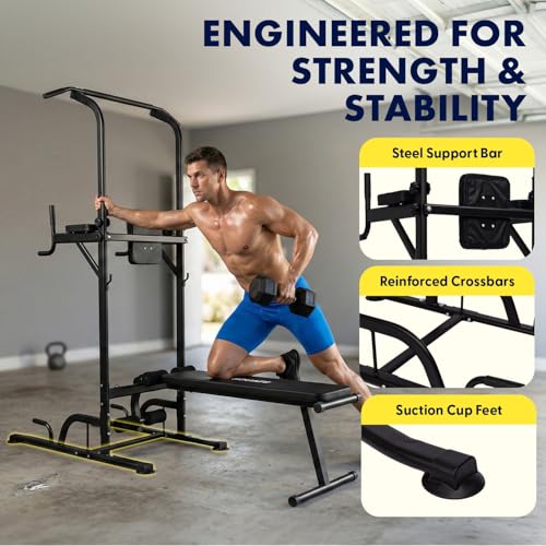 SQUATZ Pull-Up Dip Station - Your All-in-One Power Tower Gym and Chin-Up Bar Stand with Collapsible Bench for Home Exercise and Bench Press