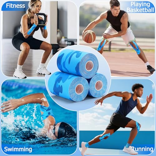 Wide Kinesiology Tape, 3 Pack, 4in x 5.5yd, Waterproof Blue Camo | Waterproof & Sweat-Resistant, Breathable Latex-Free Cotton, For Shoulder, Knee, Fit Sports, Workouts & Active Training - color: Blue 4in